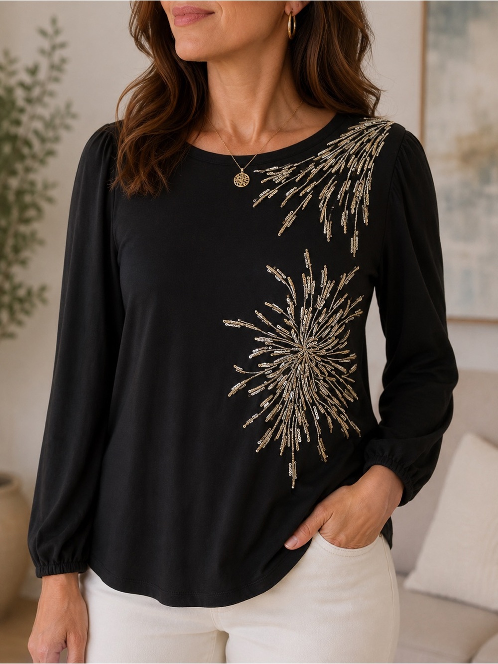 Chico's Black Long-Sleeve Top with Gold Sequin Burst